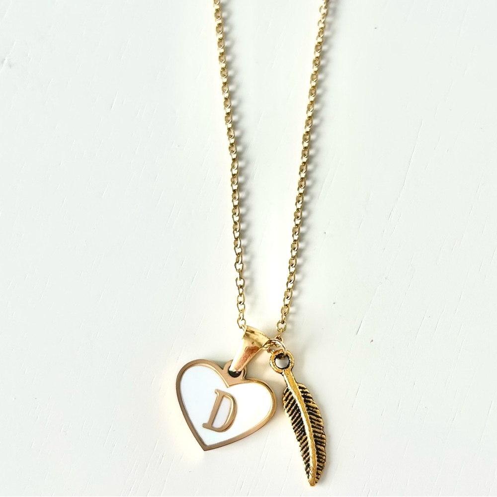 Initial Letter Necklace. D. Gold Heart and Feather 14k Gold Plated